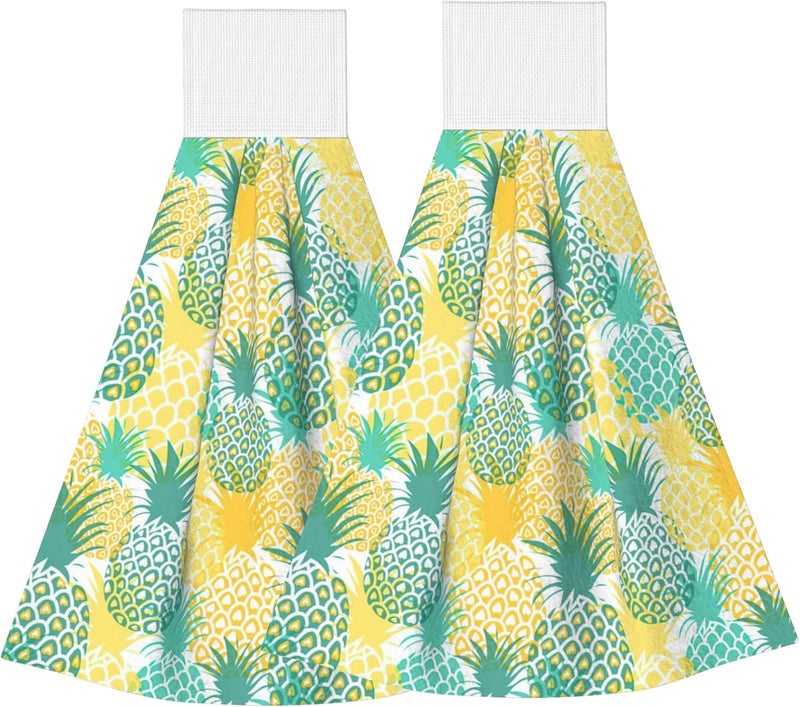 PDDCWAY Summer Pineapple Kitchen Hanging Towel Tropical Fruits Leaves Hand Tie Towels Set 2 Pack Fast Drying Tea Bar Dish Cloths Towel Soft Absorbent Durable for Bathroom Laundry Room Decor - Image 1